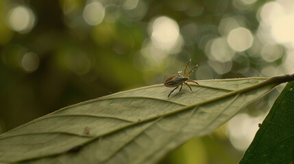 Close-up of a tick on a leaf in a green forest, representing the risk of tick-borne diseases and outdoor health hazards in nature.