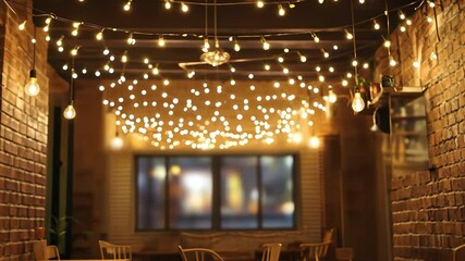 Cozy Illumination: The image captures a warm and inviting atmosphere, with string lights adorning a brick-walled interior, creating a charming and intimate setting.