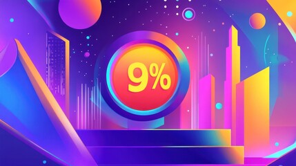 Nine Percent Discount Illustration with Futuristic Cityscape and Gradient Colors