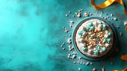 Turquoise Birthday Cake Decorated with Frosting and Sprinkles