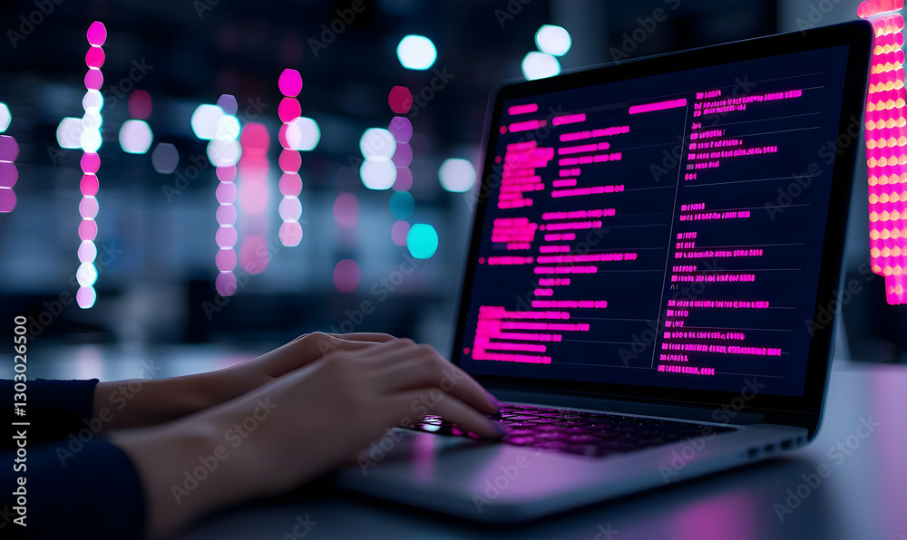 Poster hands typing on laptop displaying code in modern tech environment