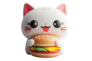 A white cat in a 3D toy style blind box is holding a cheeseburger. Transparent background