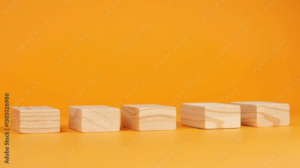 Poster Five Simple Wooden Blocks Arranged on a Vibrant Orange Background, Ideal for Product Display or Abstract Composition