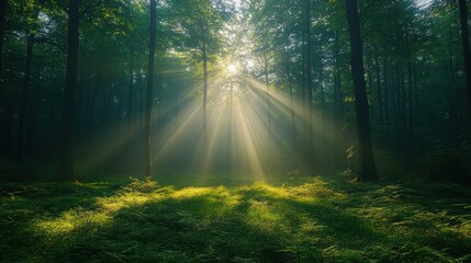 sunbeams streaming through a serene forest in the early morning light