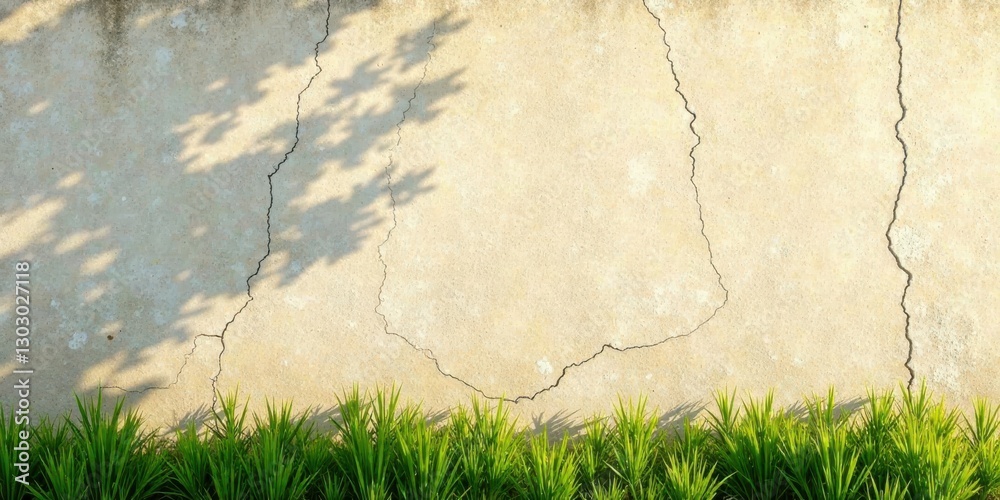Poster sun-dappled wall with verdant grass border a textured background image