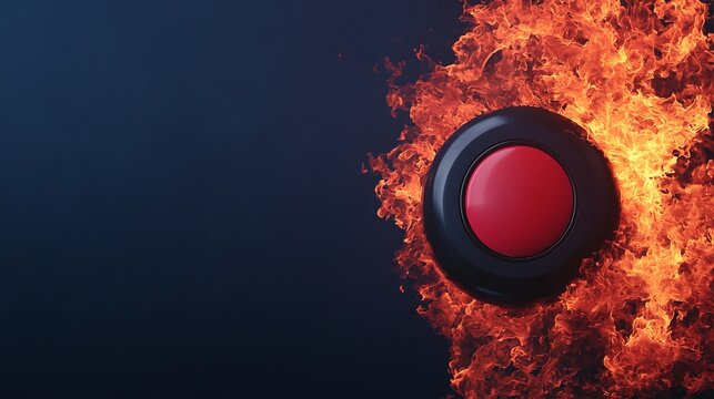 Red button surrounded by flames on a dark background.