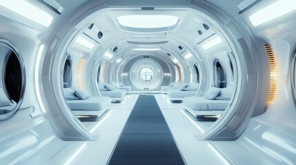 Fototapeta premium Futuristic space station interior featuring modern sleeping pods and advanced design elements