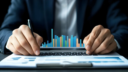 Business Analyst Reviewing Data Trends on Laptop with Charts Display