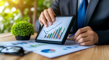 Businessman Analyzing Financial Graphs on Tablet in Office