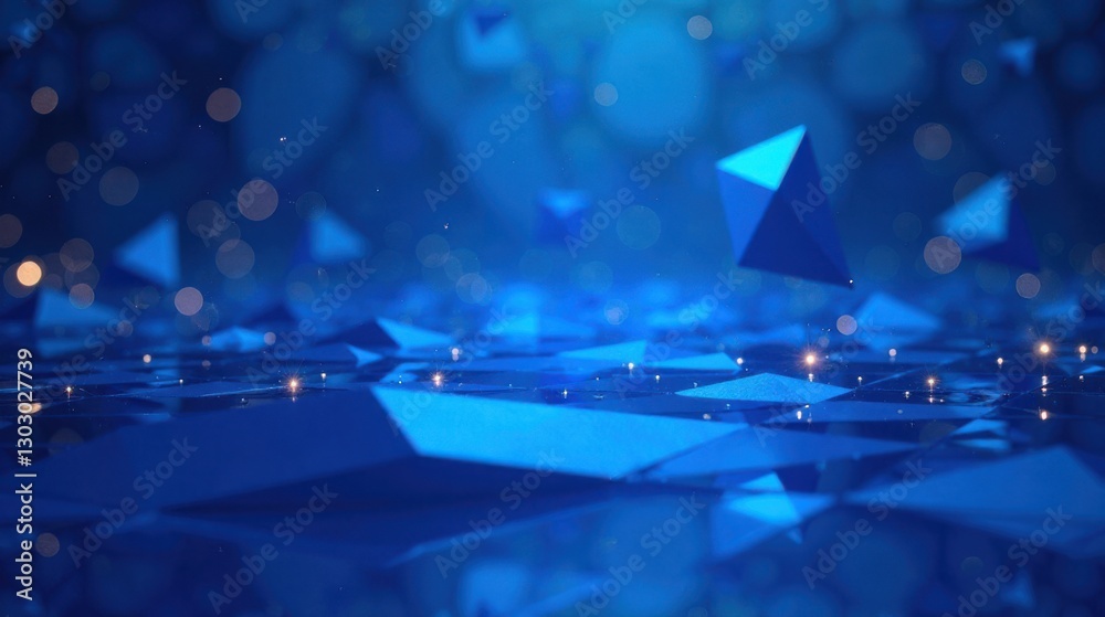 Poster abstract blue crystalline structure with glowing particles and geometric shapes