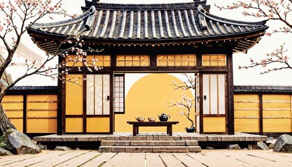 Cartoon Japanese house with tea set and sakura, warm colors, tranquil spring scene