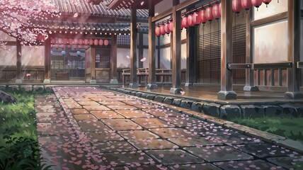 Cartoon Japanese temple courtyard with sakura petals, warm colors, tranquil spring scene