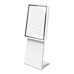 Vertical LCD monitor TV stand. 3d mockup. Video display banner or interactive touchscreen self-service kiosk with transparent LED screen on metal base. Realistic vector mock-up. Easy editable template