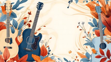Bohemian flat illustration background for International Guitars Month, featuring hand-drawn acoustic and electric guitars with intricate floral and paisley patterns, surrounded by abstract musical wav