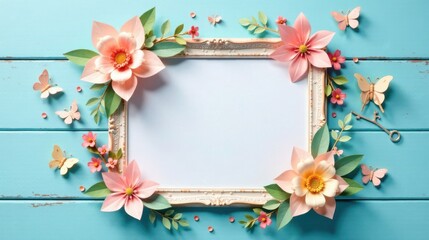 Romantic Springtime Frame with Paper Flowers and Butterflies on a Turquoise Wooden Background