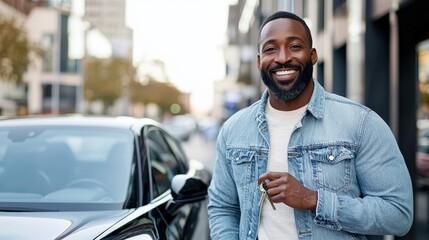 Naklejka premium A smiling man stands next to a car on a city street, wearing a denim jacket, exuding confidence and friendliness in an urban setting.