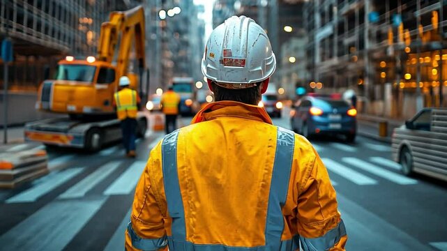 Construction Supervisor at Work: A construction supervisor, wearing a high-visibility vest and hard hat, oversees an active construction site in a bustling city environment.