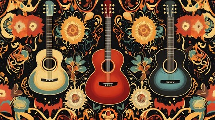Fototapeta premium Flat illustration background for International Guitars Month with stylized hand-drawn guitars, radiant musical vibrations, and intricate boho-inspired mandala patterns in rich, warm hues