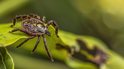 Close-up of a tick on a leaf in a green forest, representing the risk of tick-borne diseases and outdoor health hazards in nature.