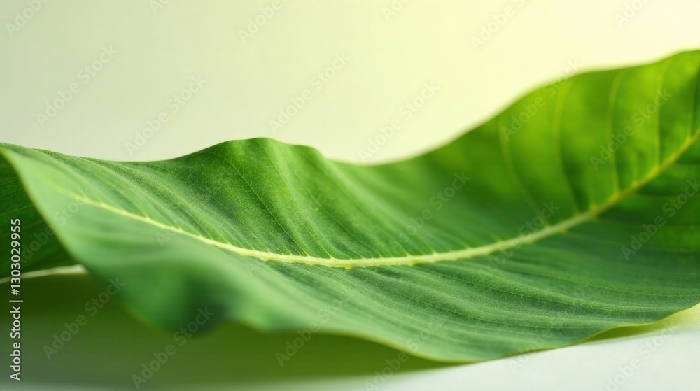 Poster Close-up View of a Single Lush Green Leaf with Delicate Veins and Gentle Curves on a Soft Background