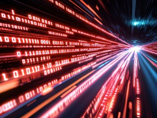 Obraz premium A dynamic abstract representation of binary data streams in vibrant red and blue hues, illustrating the concept of digital information flow in a technological environment