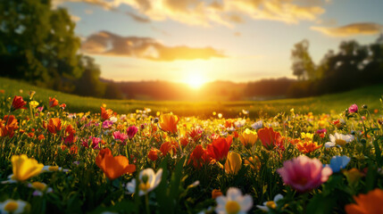 Obraz premium soft golden glow of sunrise over vibrant field of flowers, creating serene and uplifting atmosphere