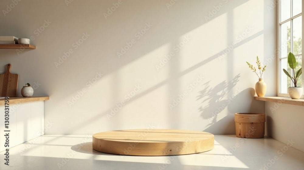 Aufkleber Minimalist Studio Scene with Wooden Display Platform and Natural Light