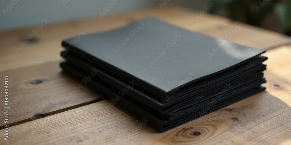 Poster a stack of dark-colored, blank notebooks rests on a rustic wooden surface, bathed in soft natural li