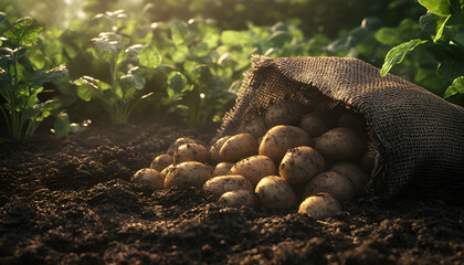 Fototapeta premium Overturned sack with fresh ripe potatoes outdoors