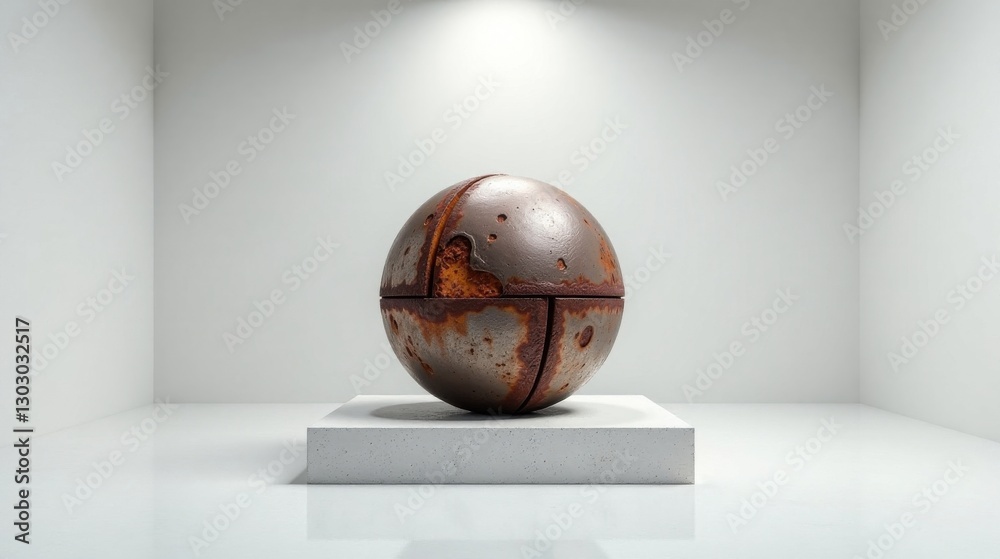 Poster A spherical metallic object, segmented and exhibiting signs of rust and corrosion, rests on a minimalist pedestal in a clean, bright studio environment.