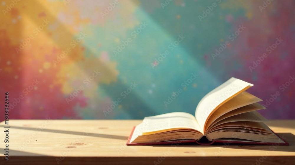 Poster open book rests on wooden surface bathed in sunlight against a colorful backdrop