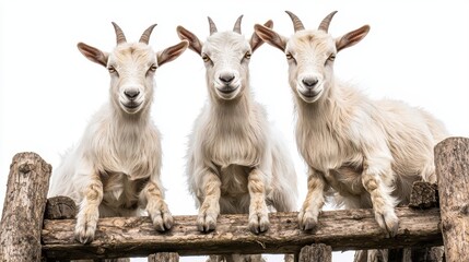 Three adorable white goats perched on a wooden fence, looking curiously at the camera against a clean, bright background.
