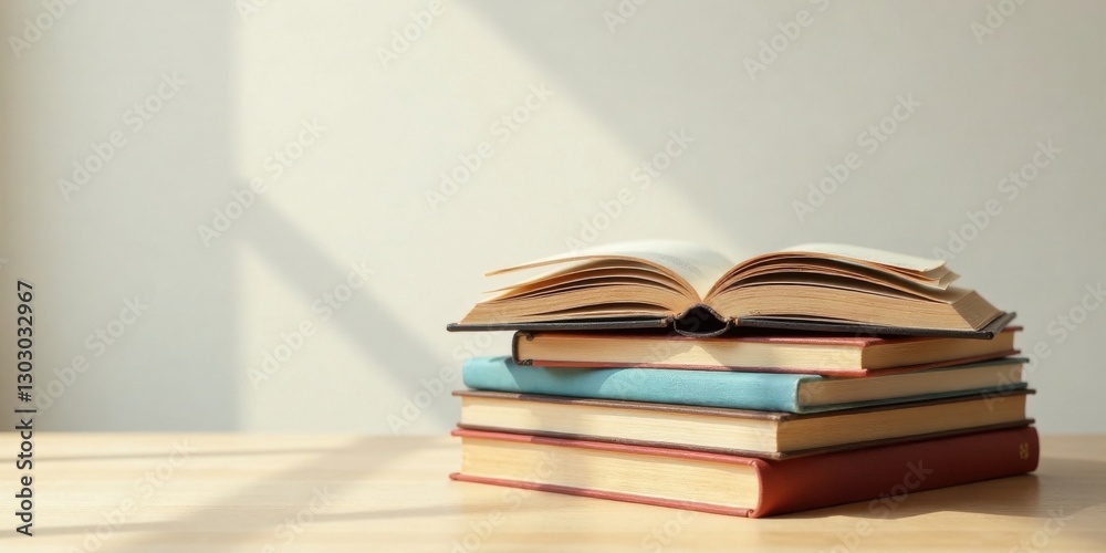 Aufkleber A stack of books rests on a wooden surface, illuminated by sunlight streaming through a window, an open book rests atop the stack, inviting exploration and knowledge.
