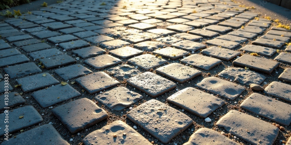 Poster Sunlit Cobblestone Path A Textured Surface of Gray Stones with Subtle Variations in Shade and Embedded Small Pebbles and Plant Life