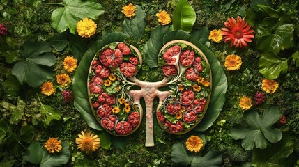 kidney organ against the background of flowers and herbal. Selective focus.