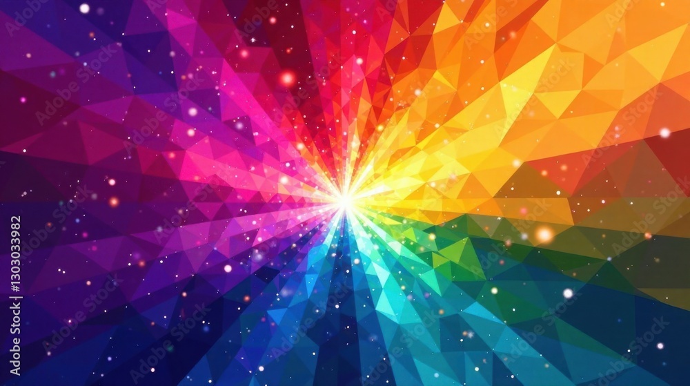 Poster vibrant polygonal burst of color with sparkling dust and radiant glow, ideal for festive designs and