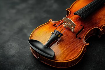 Fototapeta premium Close-up of classical violin on dark background with elegant wooden strings and fine craftsmanship