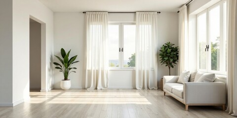 Fototapeta premium Serene Minimalist Living Room Interior Design with Sunlight Streaming Through Sheer Curtains and Light Wood Flooring