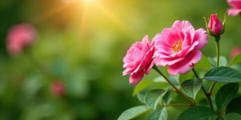 Obraz premium Sunlit Pink Roses in a Lush Garden Setting, Delicate Petals and Vibrant Green Foliage