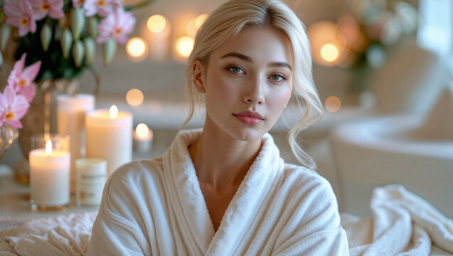 Bellissima e sensuale donna bionda si rilassa in una spa di un centro benessere