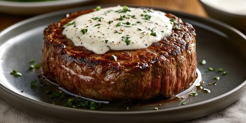 fancy steak dinner with thick white sauce on