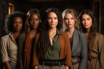 Fototapeta premium Five diverse women standing together in a rustic setting, showcasing confidence and solidarity in their unique styles