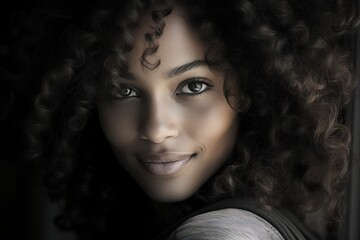 Fototapeta premium Close-up portrait of a woman with curly hair smiling softly in natural light