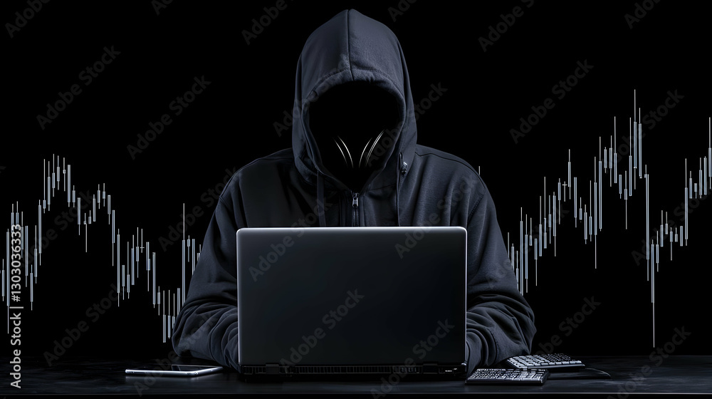 Poster mysterious hacker working at laptop in dark environment with graphs