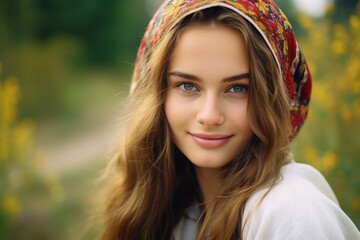 Naklejka premium Young woman with long hair and a colorful headscarf smiles in a garden during golden hour near a blurred background of flowers