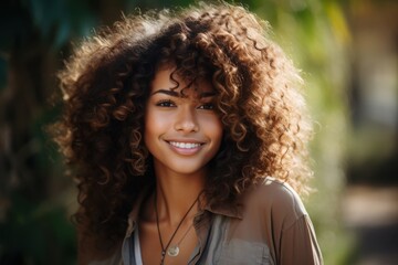 Young woman with curly hair smiling outdoors in sunlight surrounded by nature's vibrant greenery