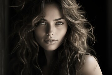 Fototapeta premium Portrait of a woman with wavy hair gazing towards the camera in soft light and shadows