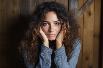 Fototapeta premium Portrait of a woman with curly hair in a wooden setting, conveying emotion and introspection in soft lighting