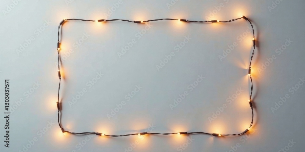 Aufkleber Glowing String Lights Forming a Rectangular Frame on a Light Gray Background for Festive Designs