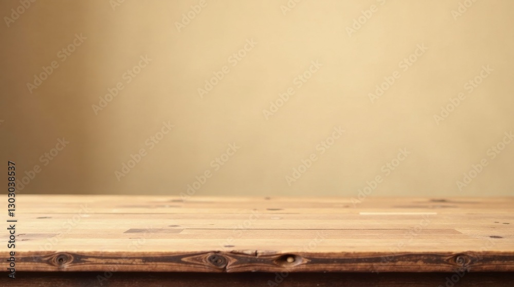 Poster rustic wooden tabletop against a soft beige background, ideal for product placement and displaying i